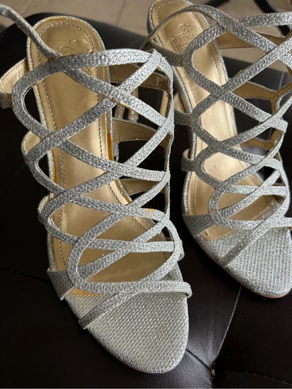 Belle Badgley Mischka Silver Glitter Cage Strappy High Heels Sandals Sz 7.5